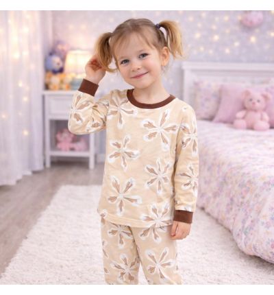بيجاما أطفال بنقشة ورود كبيرة – بيج Kids Pajama Set – Large Floral Print (Beige)