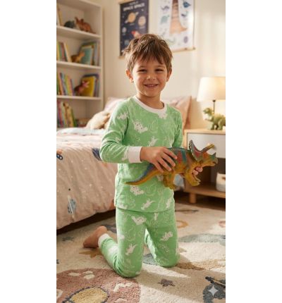 بيجاما أطفال خضراء بنقشة ديناصورات Kids Green Dinosaur Pajama Set