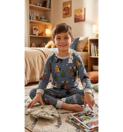 بيجاما أطفال أزرق غامق بنقشة شخصيات Kids Dark Blue Character Pajama