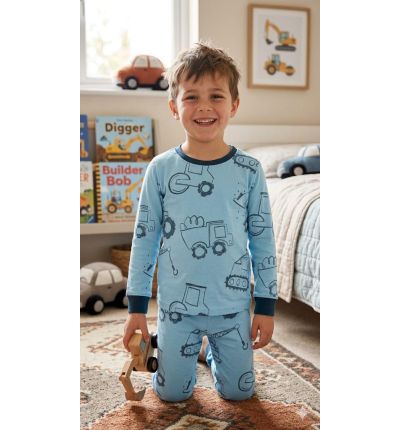 بيجاما أطفال نقشة معدات البناء  Kids Construction Vehicles Pajama Set