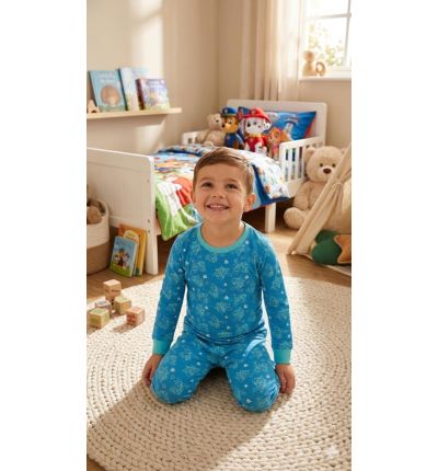 بيجاما أطفال قطنية زرقاء بنقشة شخصيات كرتونية – Blue Cartoon Kids Cotton Pajama Set