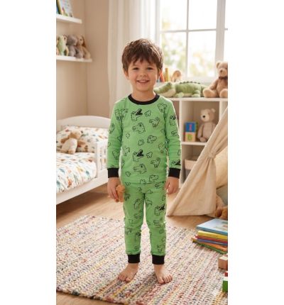 بيجاما أطفال قطنية بنقشة ديناصورات خضراء – Green Dinosaur Kids Cotton Pajama Set