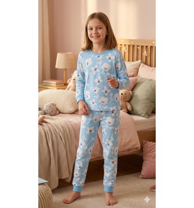 بيجاما أطفال قطنية زرقاء بنقشة زهور – Blue Floral Kids Pajama Set