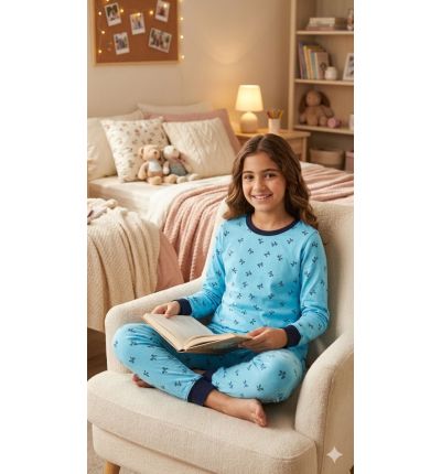 بيجاما أطفال قطنية زرقاء بنقشة فراشات – Blue Butterfly Kids Pajama Set