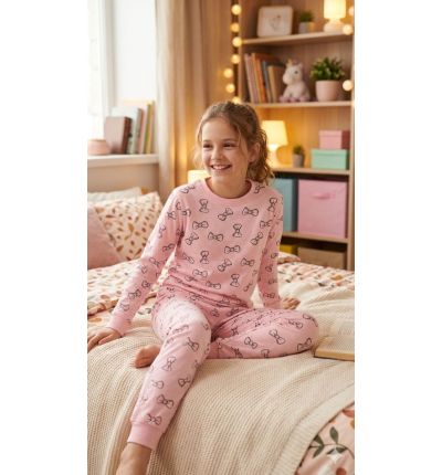 بيجاما أطفال قطنية وردية بنقشة فيونكة – Pink Bow Kids Cotton Pajama Set